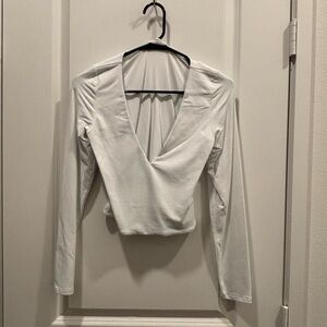 Aritzia White Deep V-Neck Long Sleeve Top